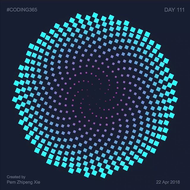 pemxie's tweet photo. 👨💻Coding365 🙌 Day-111 Phyllotaxis pattern #processing #p5js #generativeart #coding #Coding365 #loop #animation #gif #creativecoding #code365 #javascript #everyday #dailyart #designcomputing #designcoding #codeart #computergraphics #design #inspirati… https://t.co/eBqP41Q0NE https://t.co/shc24L645l