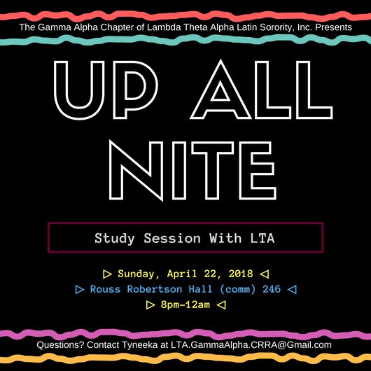 LTAGammaAlpha's tweet photo. Join us at the commerce school for our late night study session! Contact Amber at 3473301145 for access into the building! #GammaAlphaLegacy #GAFounders2018 https://t.co/BhLkZ0Bnjy