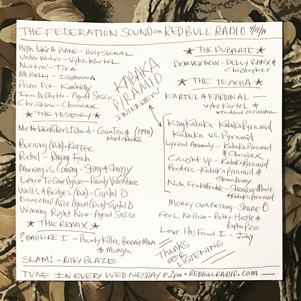 MaxGlazer's tweet photo. 4/18/18
Track list from The Federation Sound on @redbull_radio featuring @Kabakapyramid. Tune in live every Wednesday 2-4 pm EST. All other times tune in to our channel - https://t.co/6LPQx6acs3.
•
#kabakapyramid #bebblerock #ghettoyouths #reggae #dancehall #federationsound https://t.co/6xYHqeelas