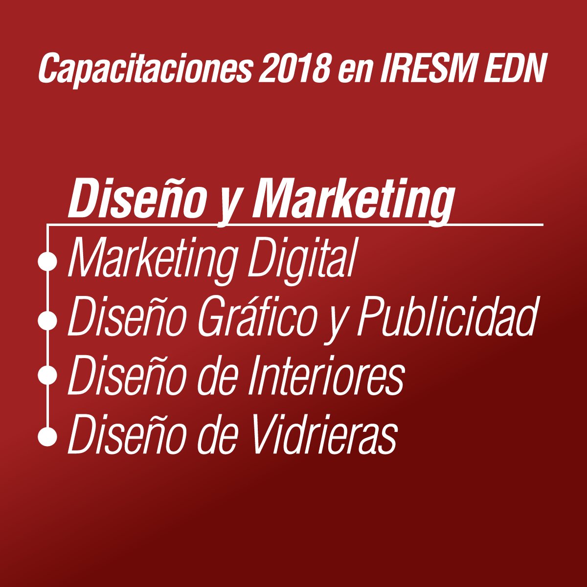 IRESMsuperior's tweet photo. #Capacitaciones 2018 en Escuela de Negocios #Iresm #VCP
#Diseño y #Marketing:
▶️ #Marketing #Digital ▶️ #Diseño #Gráfico y #Publicidad ▶️ #Diseño de #Interiores  ▶️ #Diseño de #Vidrieras
+info: https://t.co/xqLKlvnRpJ ó por 📧 iresm.edn@gmail.com https://t.co/AMjNQNLgCC