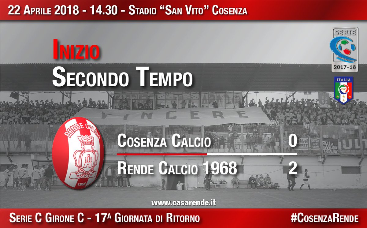 CasaRende's tweet photo. Inizio Secondo Tempo
#CosenzaRende 0-2
17a giornata di ritorno - #SerieC girone C
#RendeCalcio #CasaRende #Rende #ForzaRende https://t.co/5sKjAhgn1G