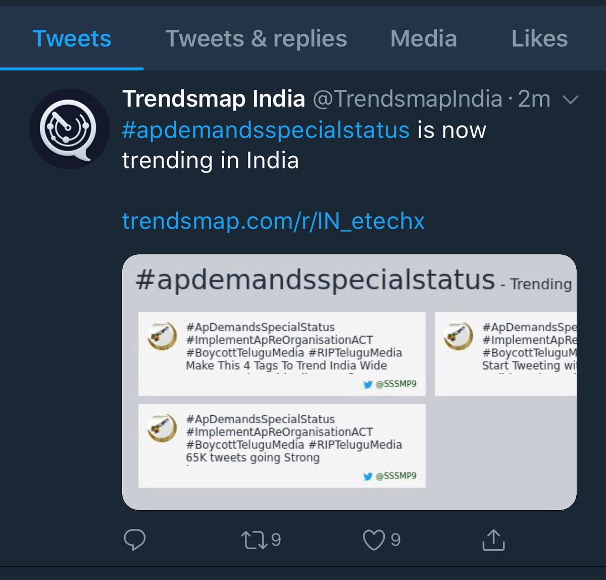 Team_Jatayu's tweet photo. Trending india 👌👌
#ApDemandsSpecialStatus
#ImplementApReOrganisationACT
#BoycottTeluguMedia #RIPTeluguMedia https://t.co/fs89C7VTO5