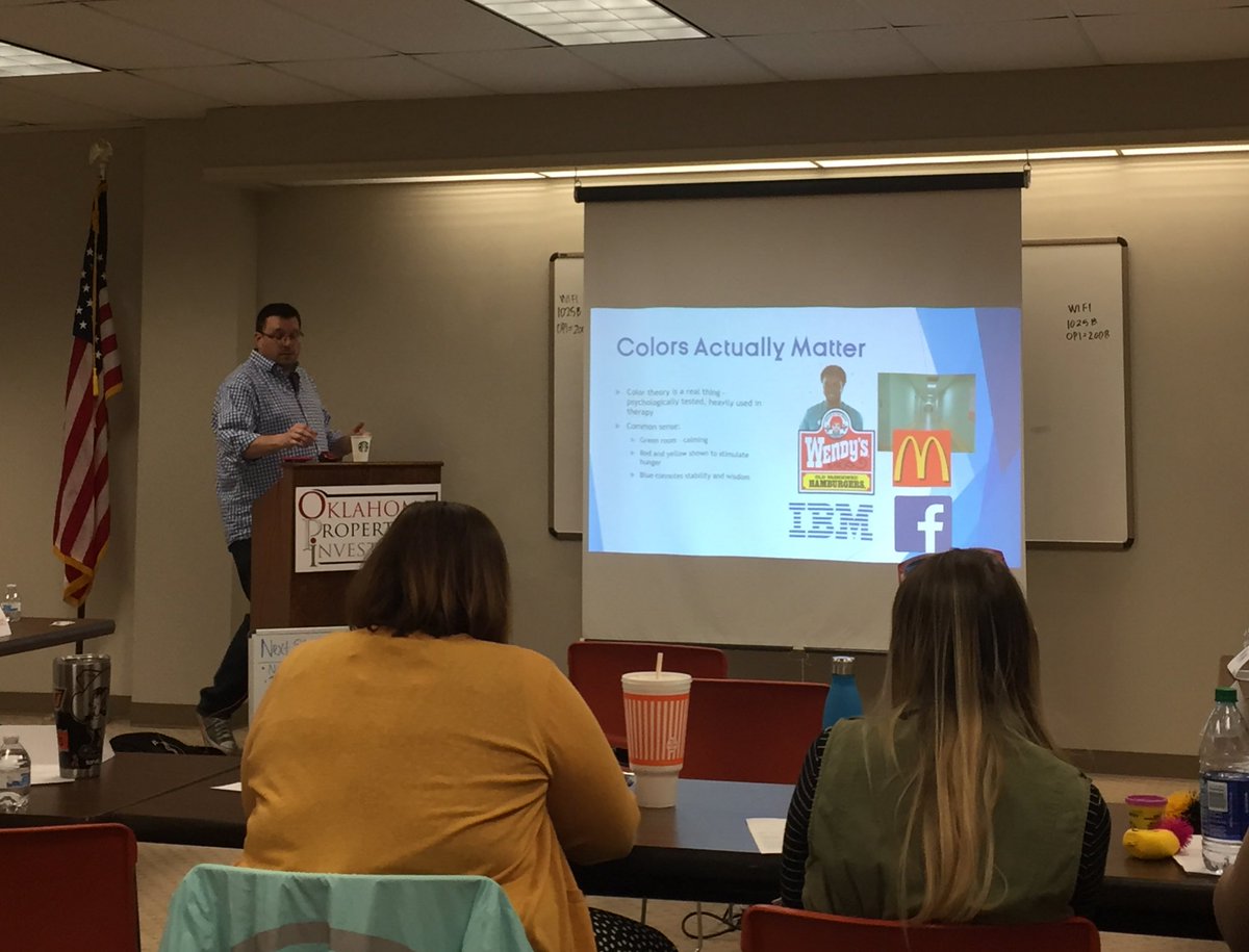 NLC_OK's tweet photo. Two great nuggets of campaigning wisdom from @SuperiorBlueStr’s Scott Remley: 

- Help voters by giving them meaningful differentiators [in your literature and your messaging] so that they can make decisions. 

- Colors matter! So use colors to evoke feelings. #NLCOK https://t.co/ndNSgR9DMx