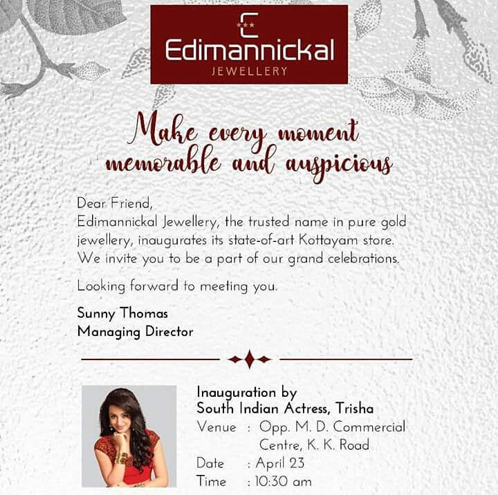madhantrish's tweet photo. Finally,The day is Tomorrow!
South Queen #TrishaKrishnan Will be inaugurating #EdimannickalJewellary showroom on tomorrow (10:30 am) at Kottayam in Kerala!❤
@trishtrashers https://t.co/IjNzrMpGzw