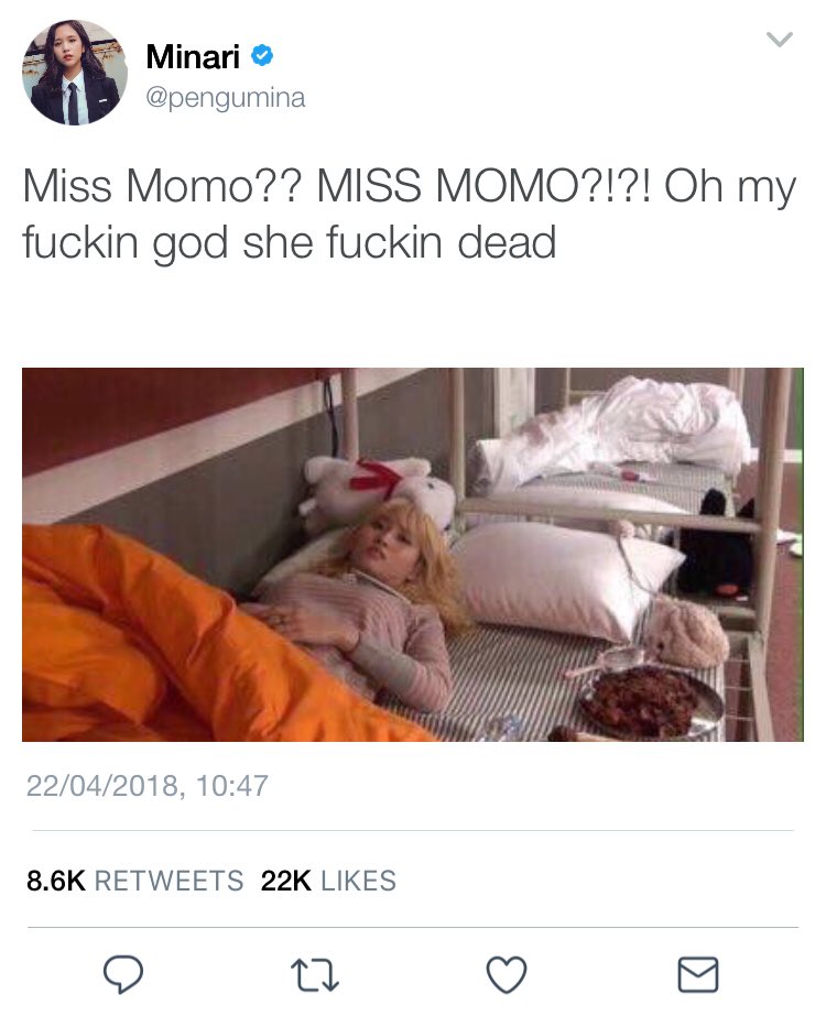Momo wakes up and tweets and then panics