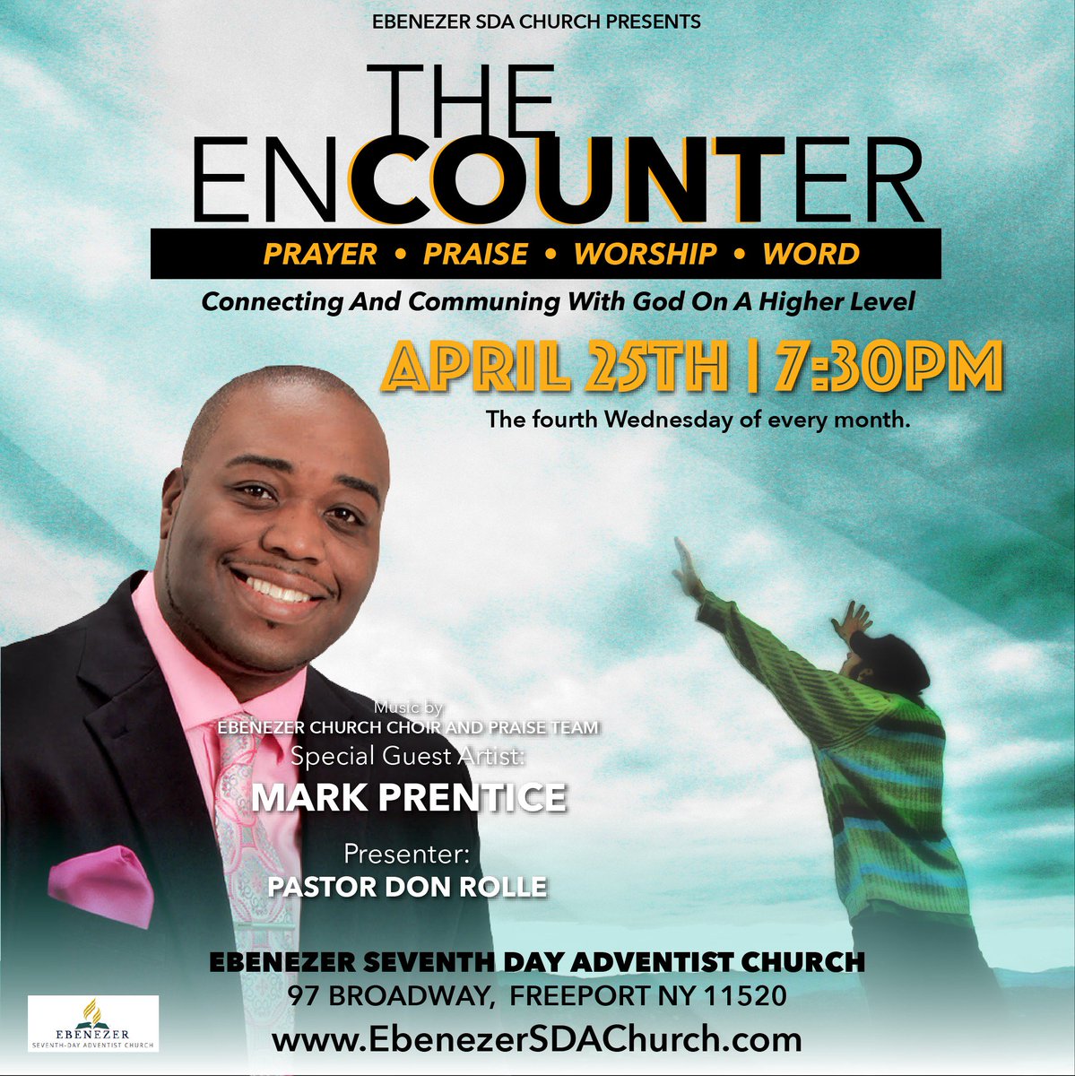 ebenezersdany's tweet photo. This month's "The Encounter" will take place on Wednesday, April 25 at 7:30p. Our presenter will be Pastor Donald Rolle and our special guest musical artist will be Mark Prentice. #TheEncounter #ebenezerfreeport https://t.co/VeWJqaVasQ