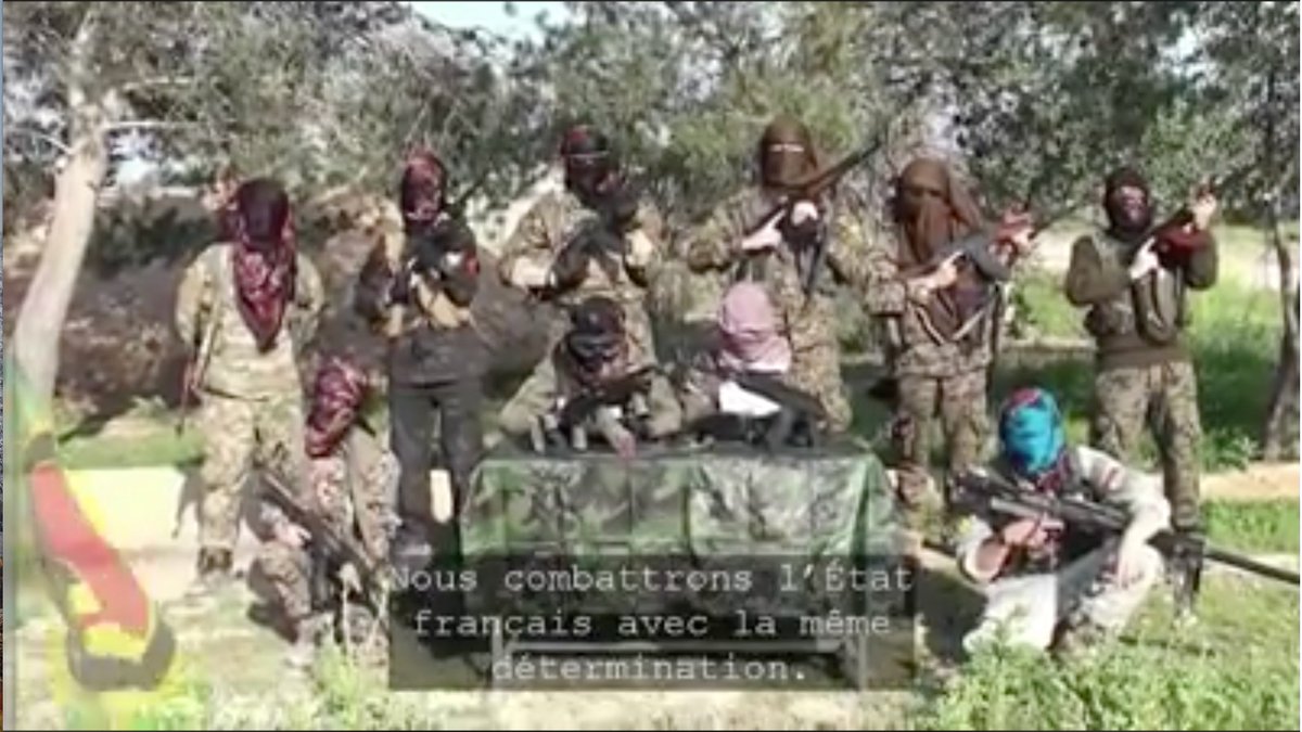 RomainCaillet's tweet photo. Depuis la #Syrie, des militants français d'extrême-gauche, portant les insignes des #YPG (PKK), annoncent leur volonté de combattre l'Etat français en solidarité avec les éléments les plus radicaux de la ZAD à Notre-Dame-des-Landes. https://t.co/kCZhUS87jB