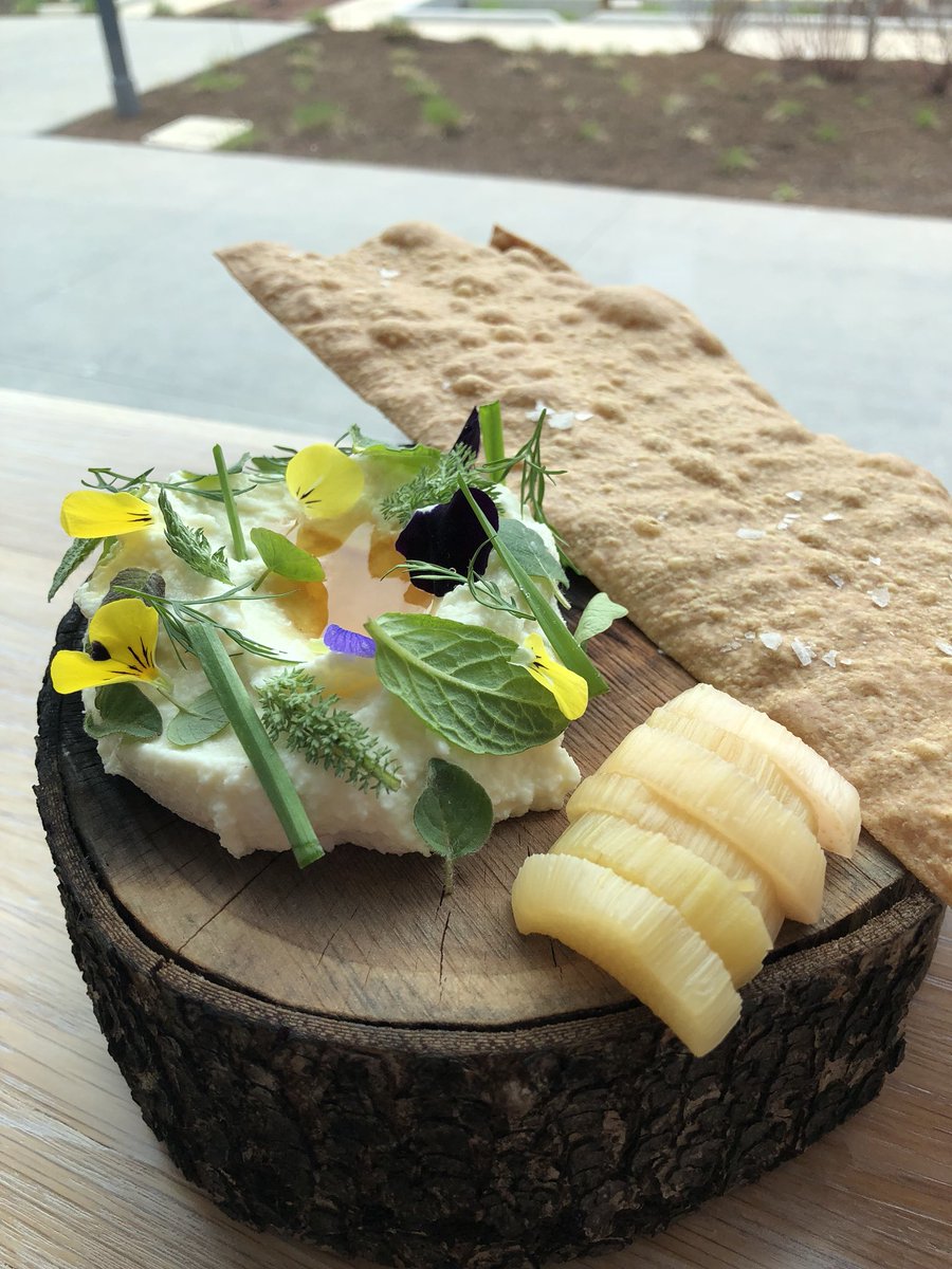 _MICHAELGALLINA's tweet photo. Spring brings a new tasting cheese offering: farmers cheese blend, Finished with flowers from our garden, herbs from @dirtygirlfarms, and @mccombhoney local honey. Served with pickled rhubarb and whole wheat crackers. 🌸🍯🌱 https://t.co/OKxYoXRYck