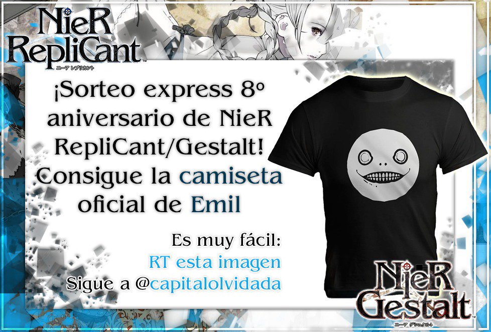 capitalolvidada's tweet photo. ¡Celebramos el VIII Aniversario de #NieR con otro de nuestros concursos exprés!
¡Síguenos y da RT a ésta publicación para conseguir ésta camiseta oficial de Emil!
El límite para participar es el día 25 de abril; ¡buena suerte, kupó! ^^ #8NieRAniversario https://t.co/fh9TDP8Q82