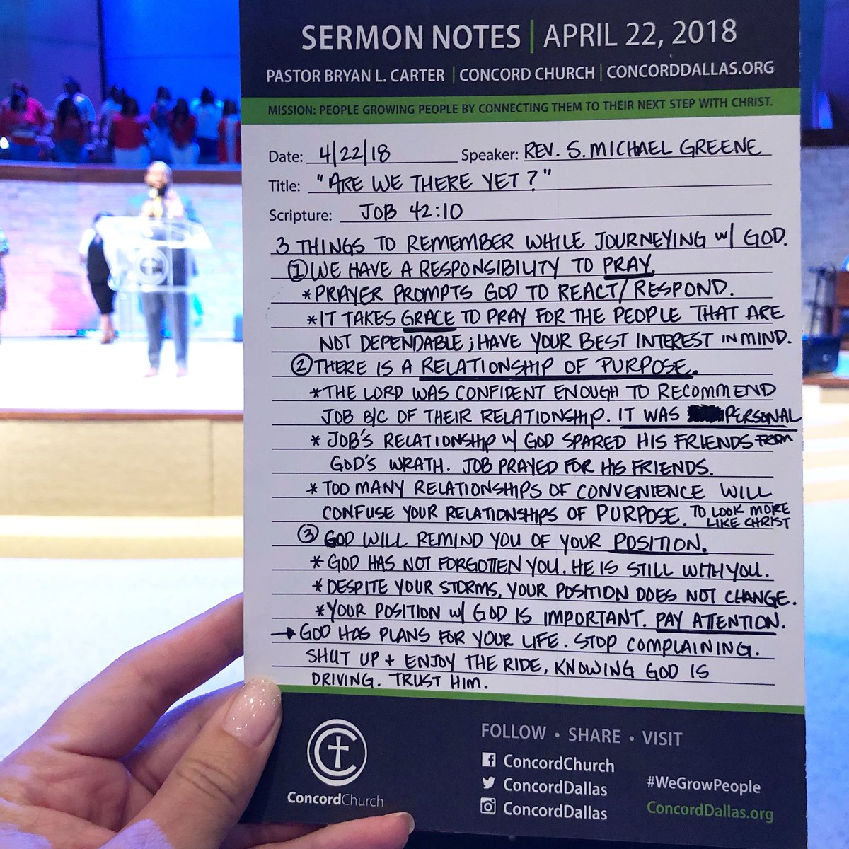 summer_galvez's tweet photo. #sermmonnotes “Too many relationships of convenience will confuse your relationship of purpose.” That alone was a shout. 👋🏽 Great word today by @greenesmichael @concorddallas this am about complaining to God when we’re going through trials. Good job, Mikey! https://t.co/yVhxmR2F85