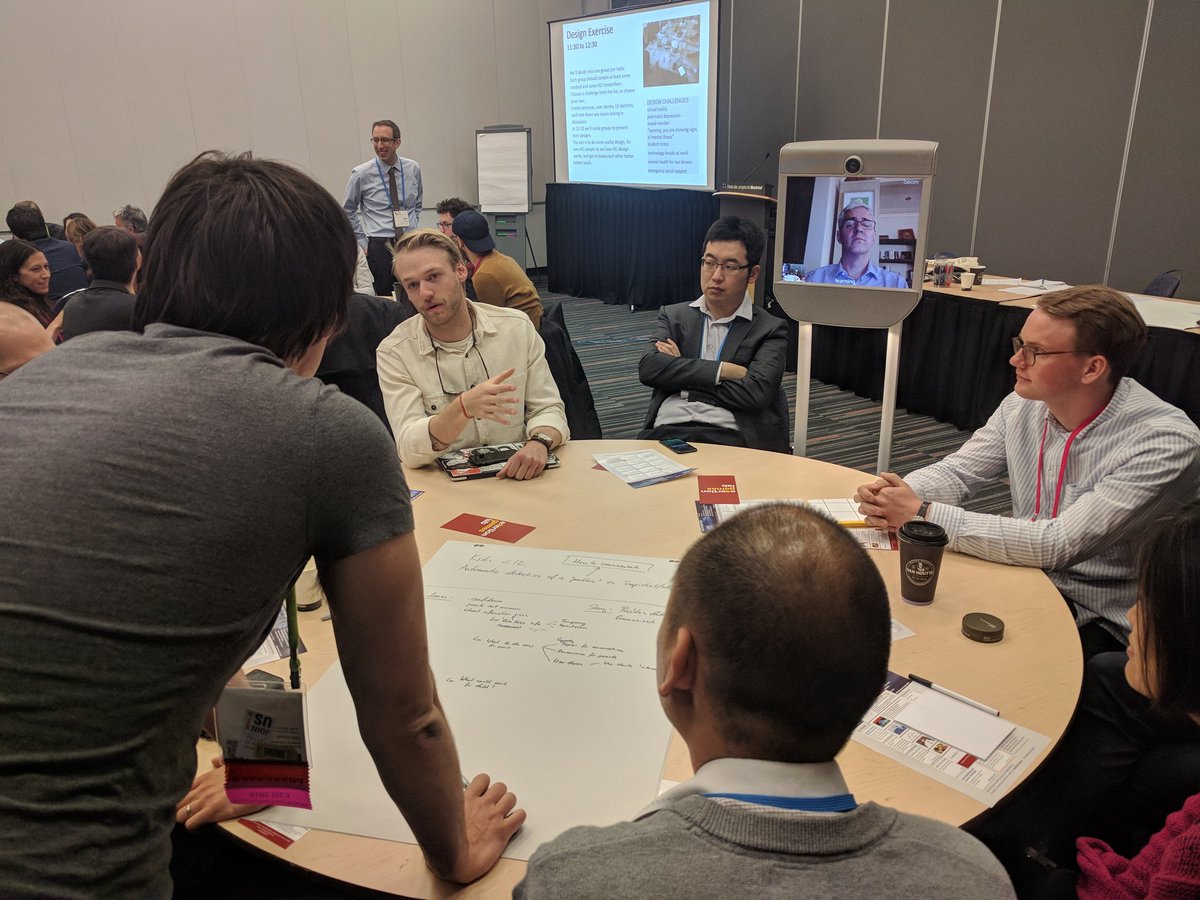 GregWadley's tweet photo. . @Rafael_A_Calvo participating in UX design via presence robot at #CMH2018 Montreal #chi2018 https://t.co/HCsnVpWxq3