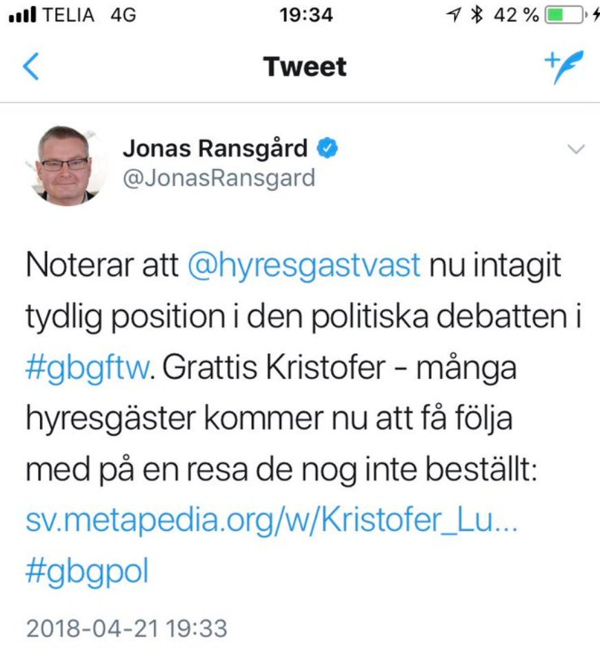 Jag har haft skyddad identitet sedan 2004 på grund av hot från nazister.  Nu använder Göteborgs ledande Moderatpolitiker <a href="/JonasRansgard/">Jonas Ransgård</a>  nazisternas artikel om mig för att kritisera att Hyresgästföreningens medlemmar i ett demokratiskt val valt mig till ordförande i Väst.