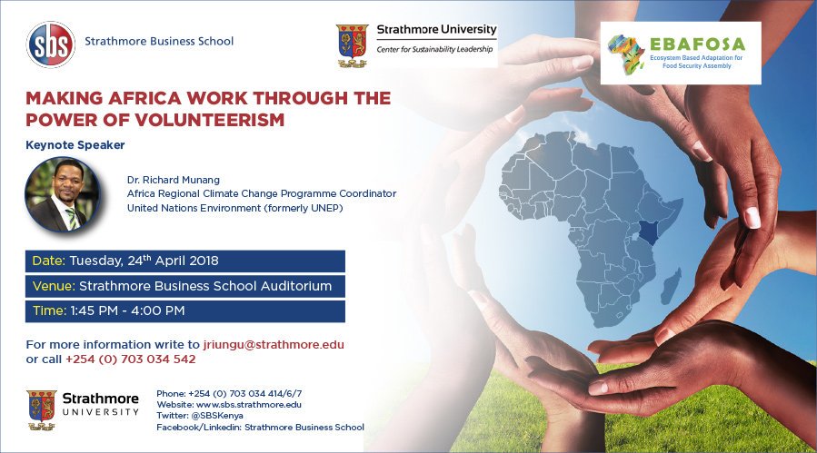 RichardMunang's tweet photo. The countdown to the much awaited public lecture on the power of #innovativevolunteerism at @SBSKenya @StrathU has started. Tuesday 24th April is the d-day. Don't miss it. https://t.co/eFRNL4Ifjz