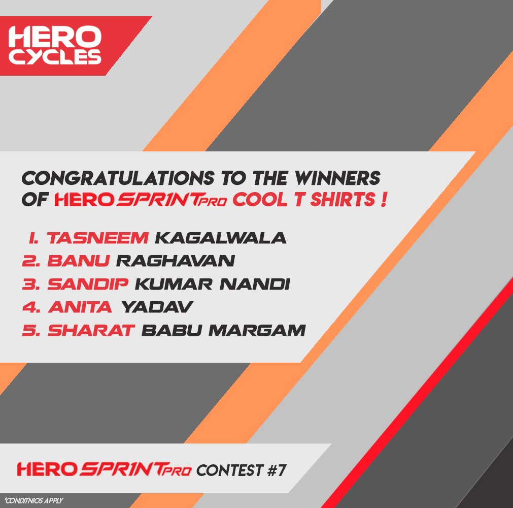 Hero_Cycles's tweet photo. Brilliant participation from all!! Congrats to winners of #Contest7.
Check results - https://t.co/83rCS041Hw
Winners have been informed on pm too. Follow us on Twitter & FB to stay informed of all action #Herocycles #HeroSprintPro
Read T&C- https://t.co/7yjtqx2WB7 https://t.co/36DAequnS9