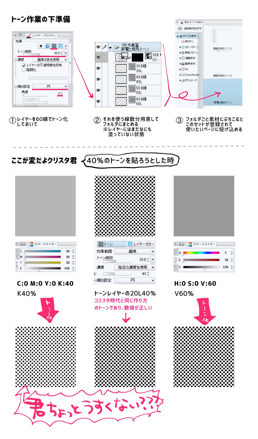 加州くんの頭を撫でるマウスポインタ En Twitter トーンどうやって貼ってるのか質問頂いたのでまとめたよ トーン化したレイヤーに で分けたカラーパレット使って塗っています コミスタの時はトーンレイヤー作ってたけどクリスタだとマスクがついてしゃらくさいので