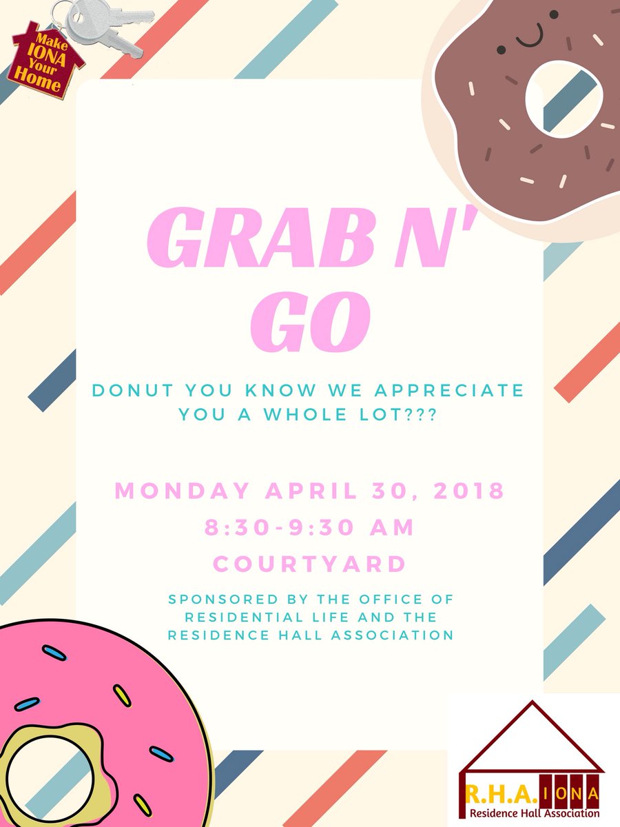 IonaResLife's tweet photo. .@ionacollege Tomorrow marks the beginning of Resident Appreciation Week! Stop by the courtyard from 8:30am until 9:30am to enjoy coffee and donuts on us! Donut you know we appreciate you a hole lot? 🍩 #MakeIonaYourHome https://t.co/vdQzLRcdBp