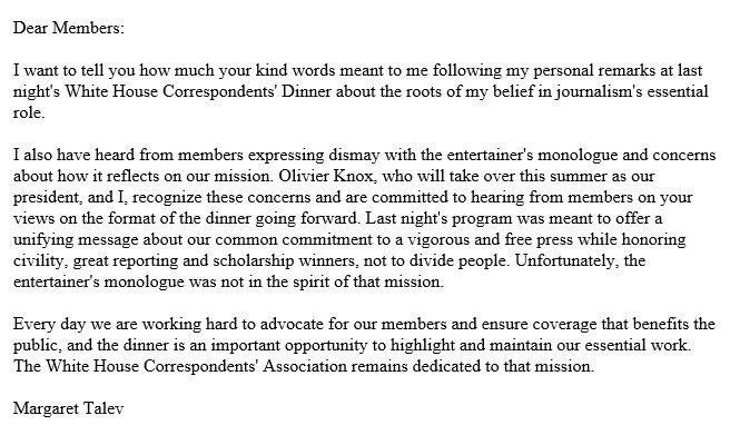 Olivianuzzi's tweet photo. This is an embarrassment. Not in the spirit of our mission of a vigorous and free press is a White House that makes a mockery of the concept on a daily basis. What a comedian had to say during a roast is irrelevant. https://t.co/FjHi4Gi3va