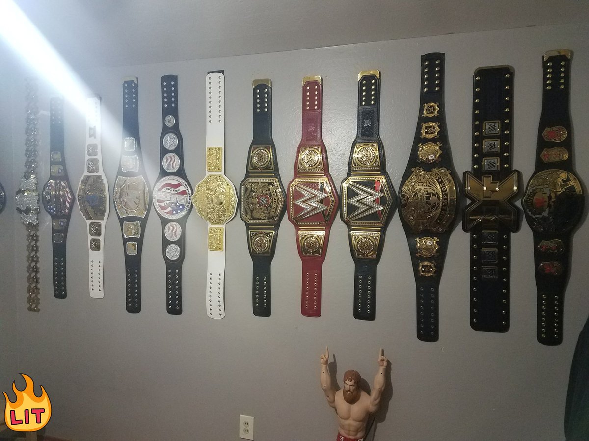 JacobHoward2425's tweet photo. Updated Championship Belts Display!! #15xChamp #BeltAddict #AJSBELTS @WWEShop #FanduBelts @FanduBelts #BURRITOSNATION https://t.co/3bcnuFD6t4