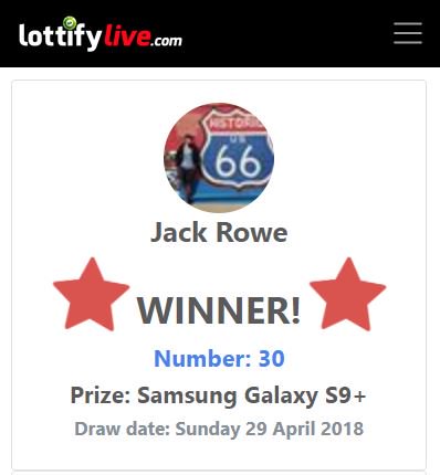 lottifylive's tweet photo. We had our first #competition WINNER tonight. Congratulations Jack Rowe who wins a Brand New Samsung Galaxy S9+
view the live draw replay here https://t.co/jUkrXyIvP1 https://t.co/FLgCmgUEew