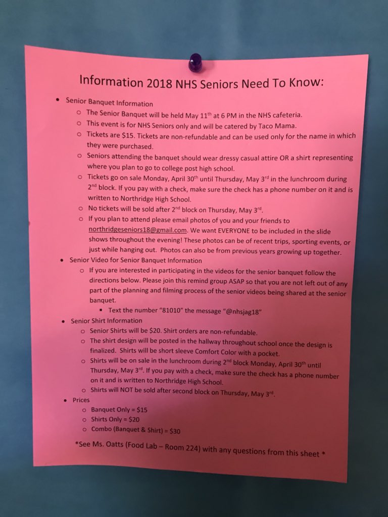 NorthridgeSGA's tweet photo. Seniors: Make sure to get your Senior Banquet Ticket &amp; Senior Shirt THIS Monday- Thursday in the lunchroom during 2nd Block! https://t.co/OhXGeFWowj