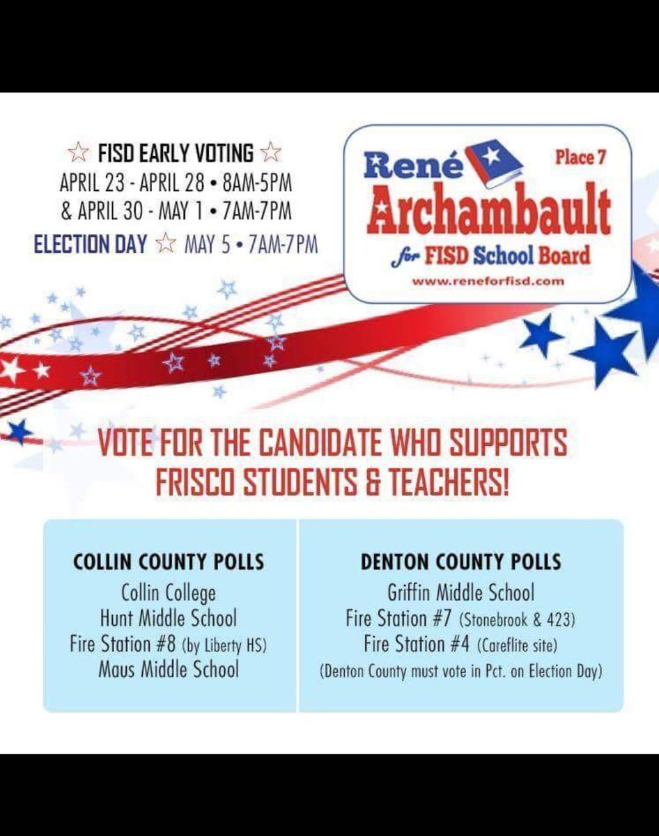 HolaChurchLady's tweet photo. Using my teacher voice, mom voice & Frisco voice to tell neighbors to #VoteForRene Mon, Tues & Sat fr 7a-7p. She is for:
✅Increased STEM opportunities
✅Increased collab w/ higher education
✅More guidance for career-bound grads
✅Your child's pursuit of personal success https://t.co/w5Z0xF2ZMx