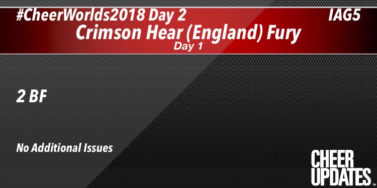 Crimson Hear (England) Fury IAG5:
2 BF

#CheerWorlds2018 Day 2