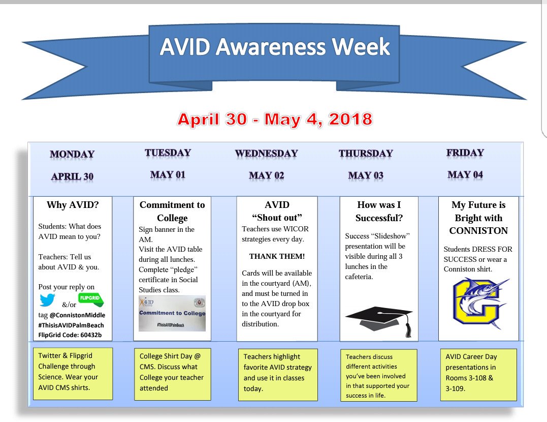 ConnistonMiddle's tweet image. It&apos;s #AVIDAwarenessWeek! Check out the fun activities we have planned for the week! @AVID4College #ThisIsAVIDPalmBeach