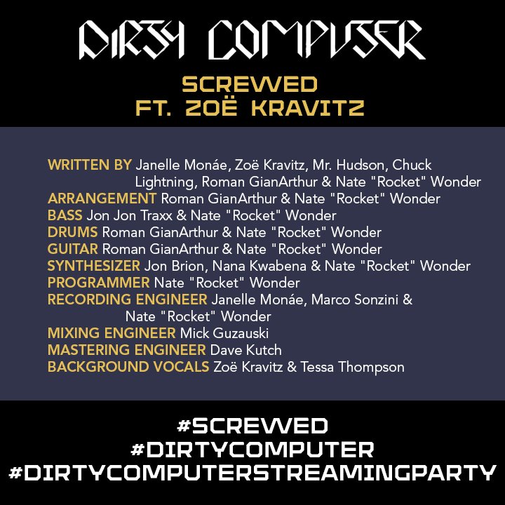 s_aintszn's tweet image. A fan favorite, this track features @ZoeKravitz with hints of @TessaThompson_x on bgv!
#Screwed #DirtyComputerStreamingParty #DirtyComputer
