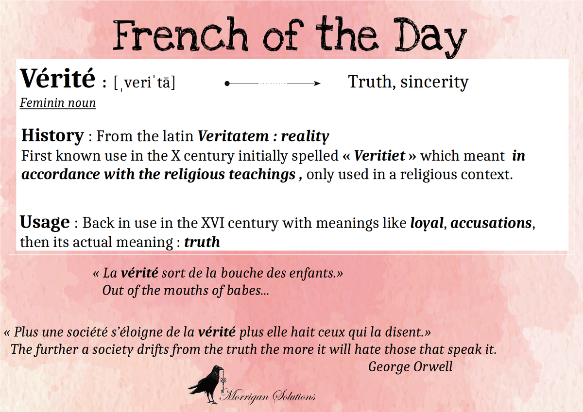 MorriganMoSo's tweet photo. "Plus une société s’éloigne de la vérité plus elle hait ceux qui la disent."
"The further a society drifts from the truth the more it will hate those that speak it. "
-George Orwell-
#wordsinfrench #learnfrench #truth #virtualassistant #frenchoftheday #frenchwords #motsforts https://t.co/HBjX1SSAXp