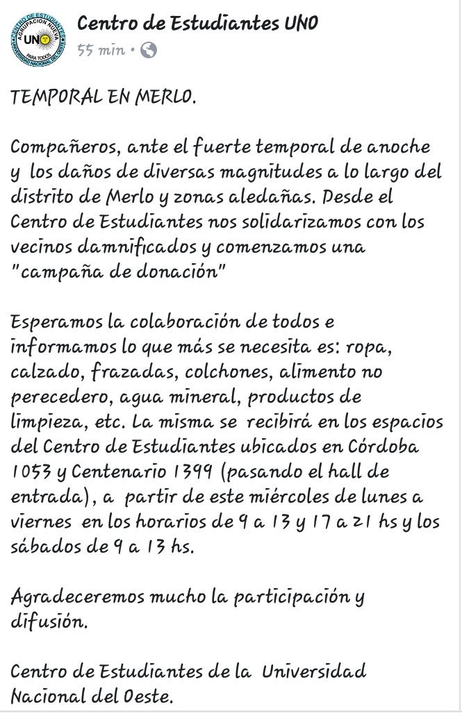 nueva_uno's tweet photo. Desde la Agrupación #NuevaUNO que conduce el Centro de Estudiantes UNO, iniciamos una campaña de donación para colaborar con los damnificados por el temporal ocurrido en la madrugada de ayer.

Esperamos contar con la mayor colaboración posible ante esta tragedia. https://t.co/6lgQAOoQep