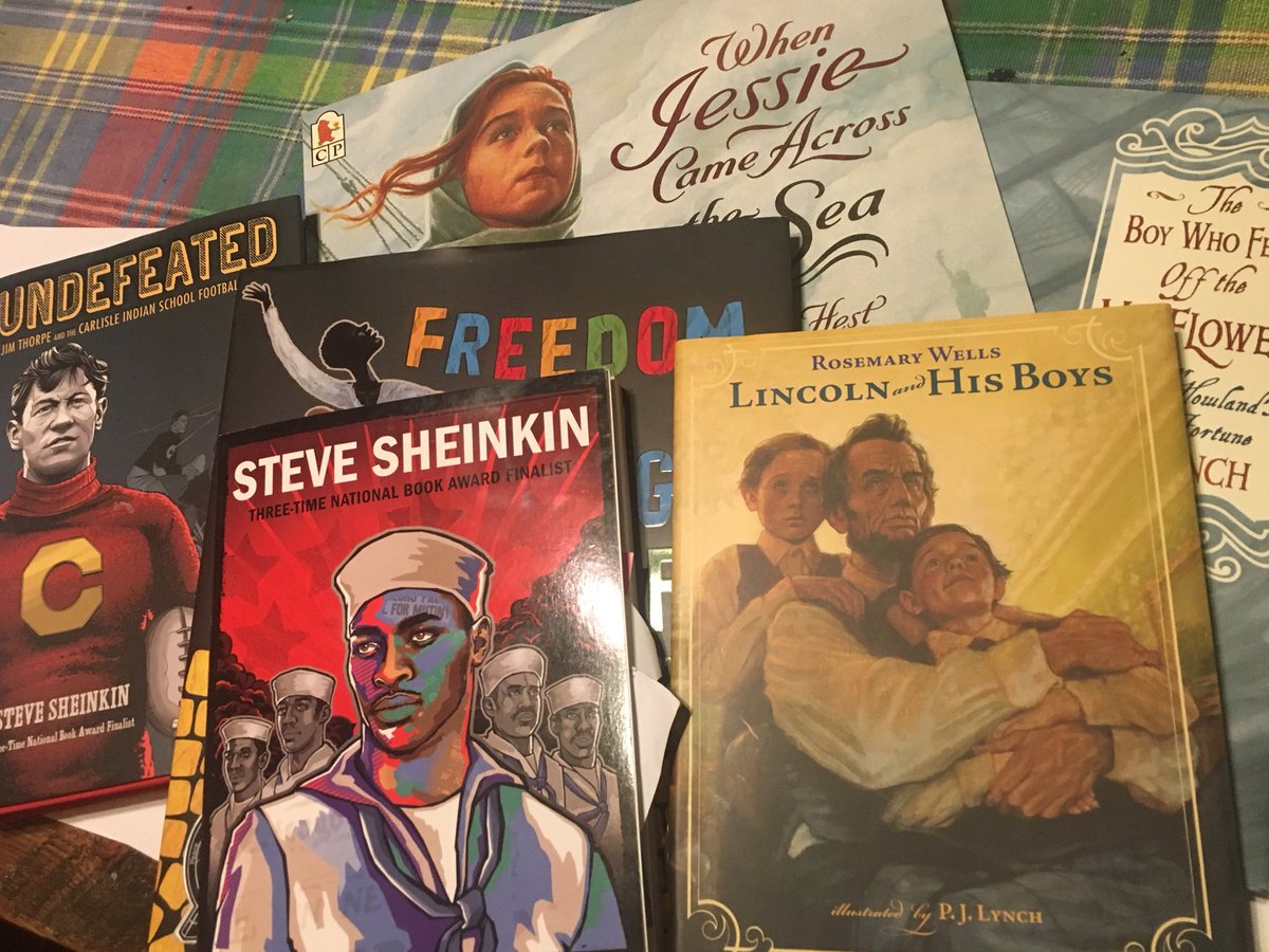 A6: Weekend purchases and signed copies from #CLCFest18 @CLCFSU @SteveSheinkin @PJLynchArt @GasArtGifts #TitleTalk