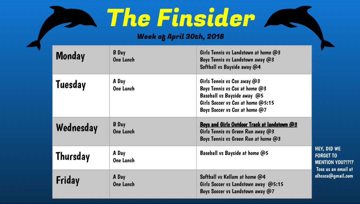OLHS_SCA's tweet photo. Here’s the newest edition of the Finsider! Have a great week, dolphins! 💙💛 https://t.co/HsDnYFYrHB