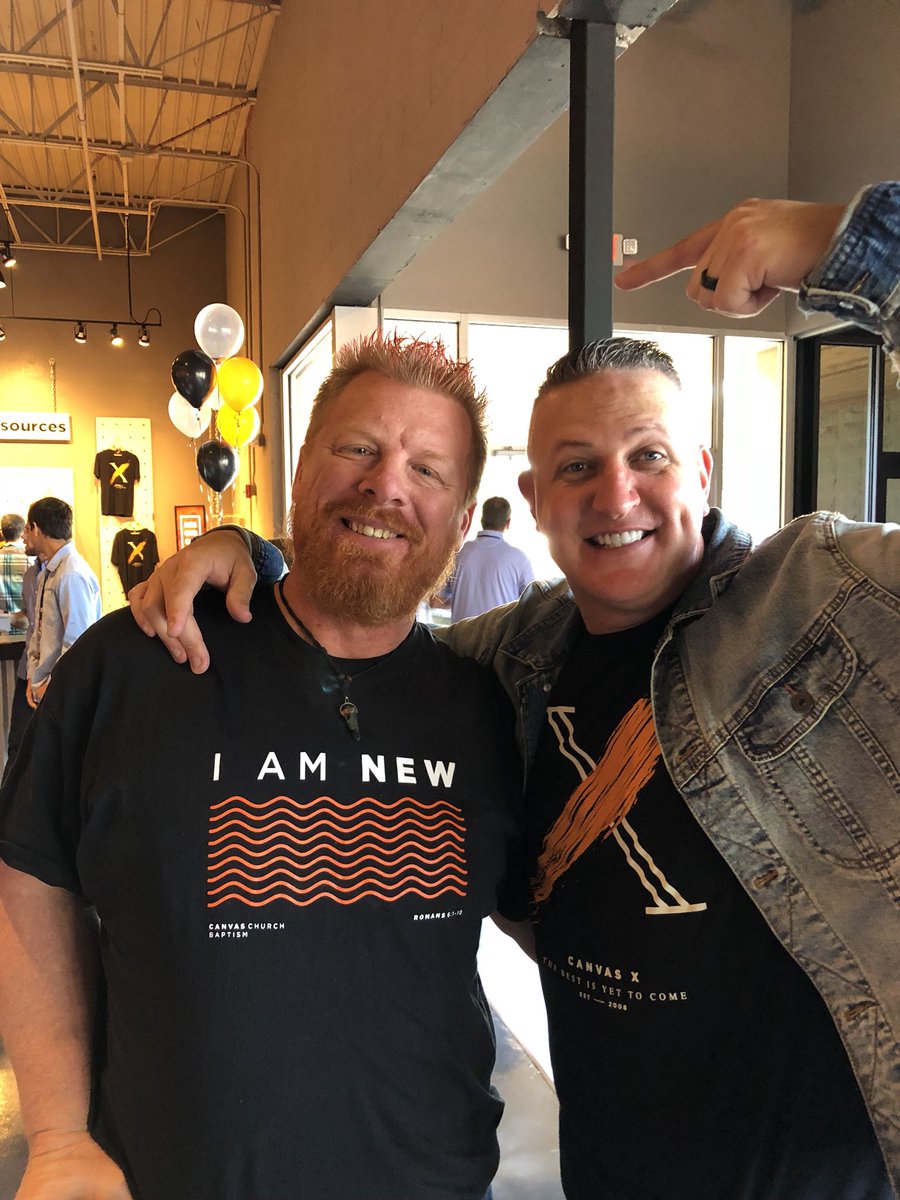 JMarkJohns's tweet photo. This is Rusty. We were in school together, ripped and ran as young men  and were both lost as a ball in high weeds. Now he’s a Canvas’er and we both love Jesus and are serving him as best we can. He colored his hair orange for Canvas X today!!! I LOVE MY CHURCH!!!! #newliferocks https://t.co/zKUmuP2SJO