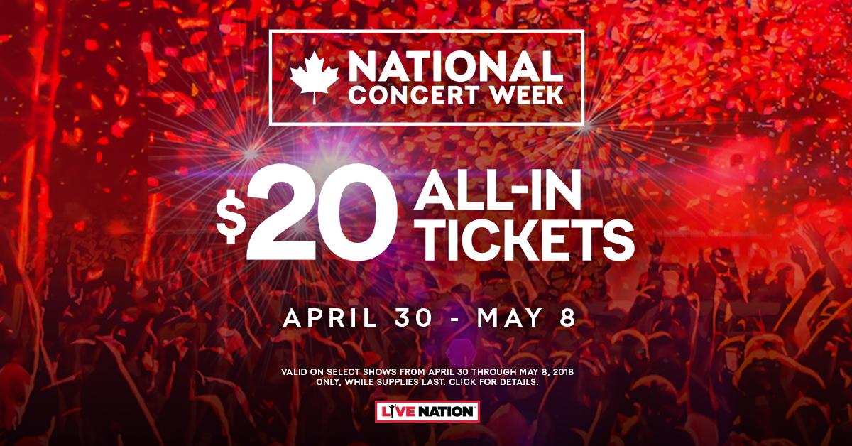 LiveNationON's tweet photo. Music fans! Tomorrow we kick off #NationalConcertWeek. Keep an eye out on our page for $20 all-in tickets plus daily giveaways 🎶☀️ https://t.co/S1pV0UsMOq