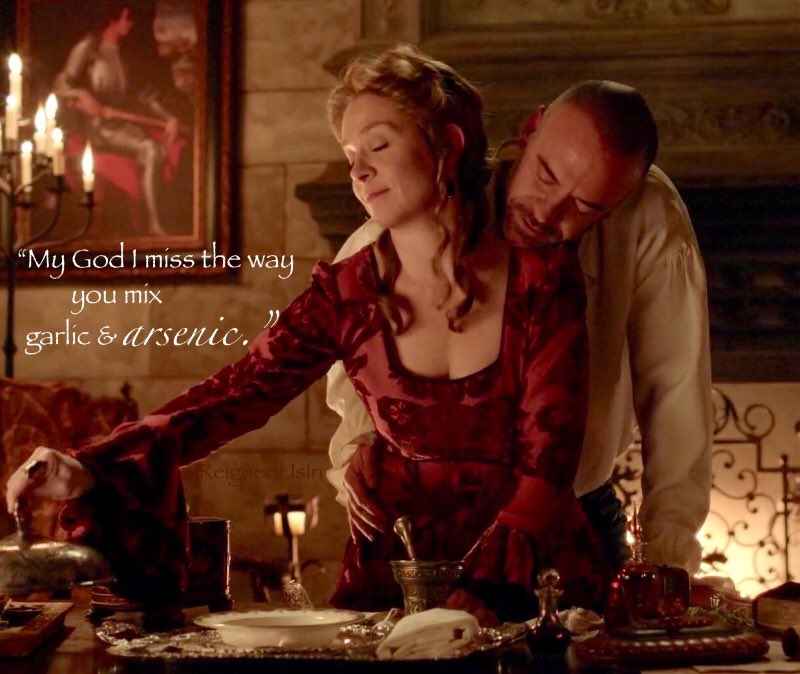 ReignedUsIn's tweet photo. “My God I miss the way you mix garlic and arsenic.” 😏 #Cathry #catherinedemedici #henryII #meganfollows #alanvansprang #ReignRewatch 2x11 #Reign https://t.co/cmrI3Rf6Gf