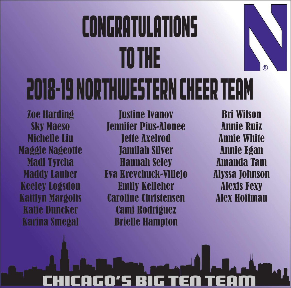 NU_Cheerleading's tweet photo. #NUYearNUTeam  Congratulations to the 2018-19 Northwestern Cheerleaders!💜🐈📣
 #B1GCats https://t.co/lqG5TrQnZG
