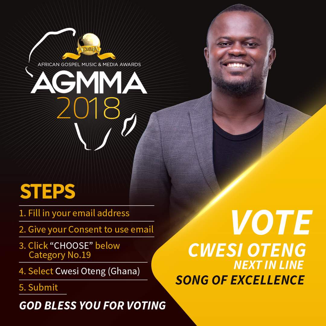 CwesiOteng's tweet photo. #NextInLine nominated for Song of Excellence category at the 2018 Africa Gospel Music &amp; Media Awards.
Click here to vote for it--> https://t.co/DfoIzWsPcq. https://t.co/xfbvIPveOZ