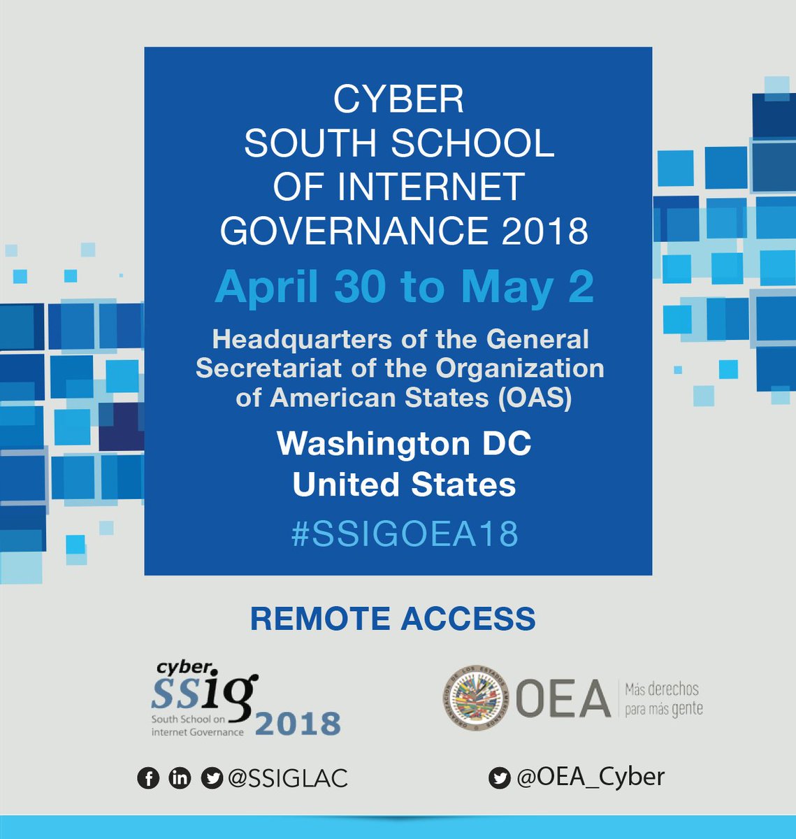 SSIGLAC's tweet photo. Cyber South School on Internet Governance 2018. REMOTE ACCESS
Audio from the Room:  https://t.co/MhlNfndrLq
Ingles:  https://t.co/82sBPqqLFf
Español:  https://t.co/xnq0o2LCGB https://t.co/GrnDfsydU4