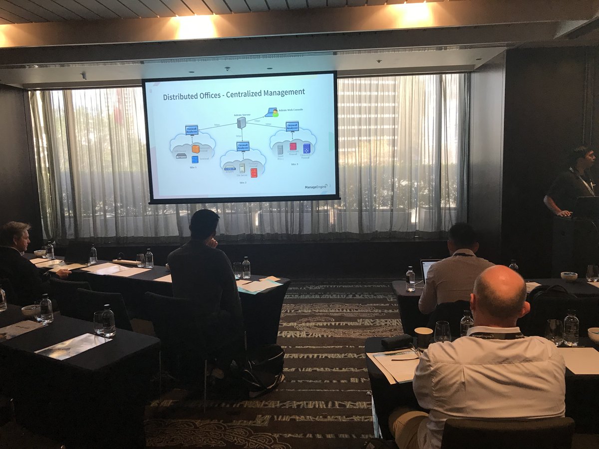 manageengine's tweet photo. Emmanuel Jeba shows how to gain network activity insights with firewall logs using Firewall Analyzer at the #BringingITtogether #UserConf in Sydney https://t.co/A82CFxR6SA