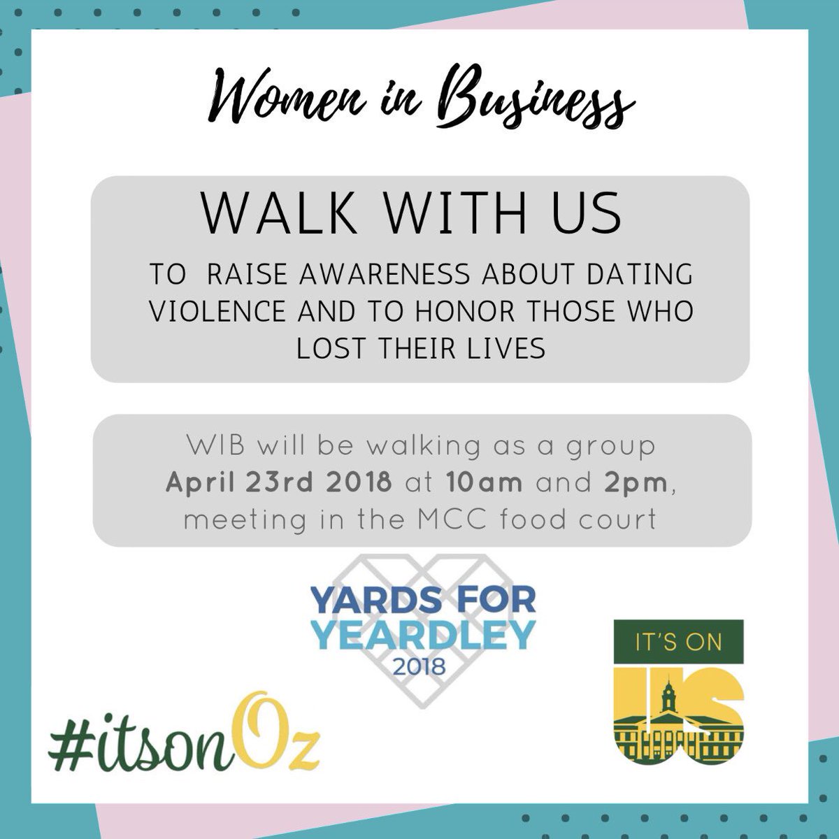 Meet us tomorrow in MCC food court to walk with WIB as a group for #YardsforYeardley #TeamOneLove 💙