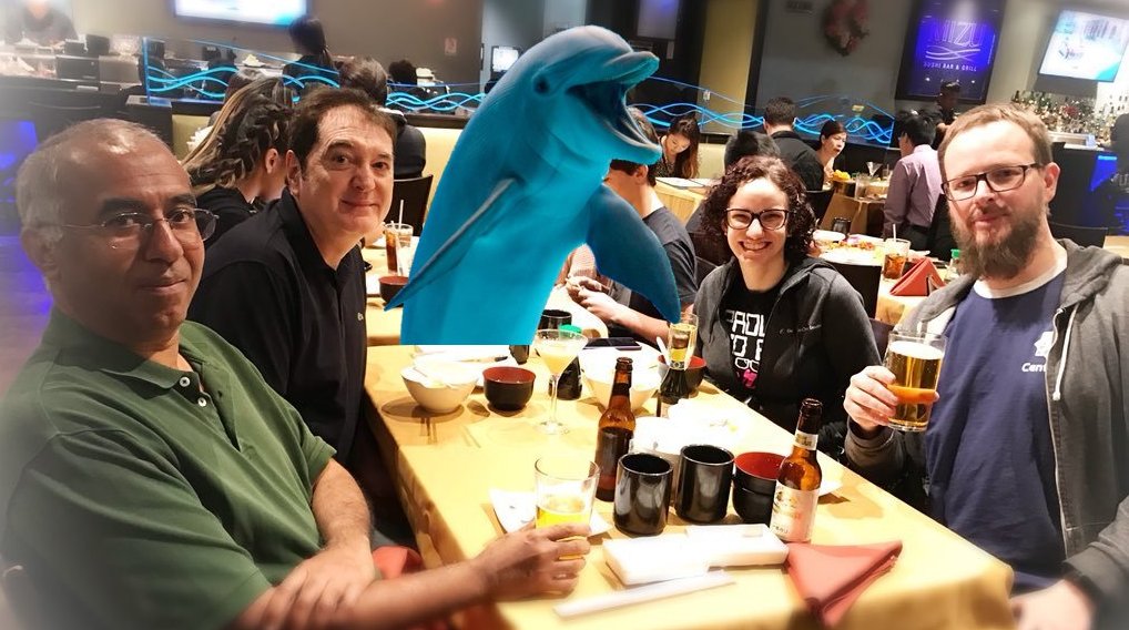 mgerin's tweet photo. @lefred #MySQL dolphin talks, great! Inviting a dolphin to a Sushi restaurant, not good. Sushi on our table all gone! https://t.co/IxlgoUQocb