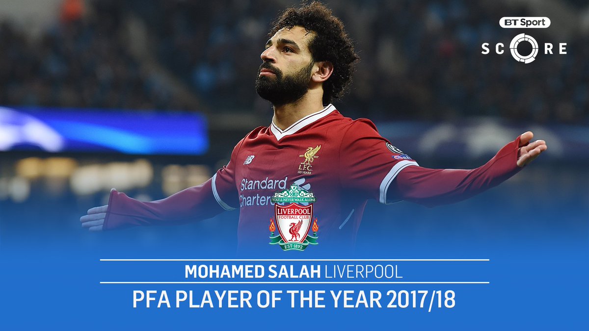 btsportscore's tweet photo. Mohamed Salah has been named PFA Player of the Year for the 2017/18 season. https://t.co/246rgEmn1c