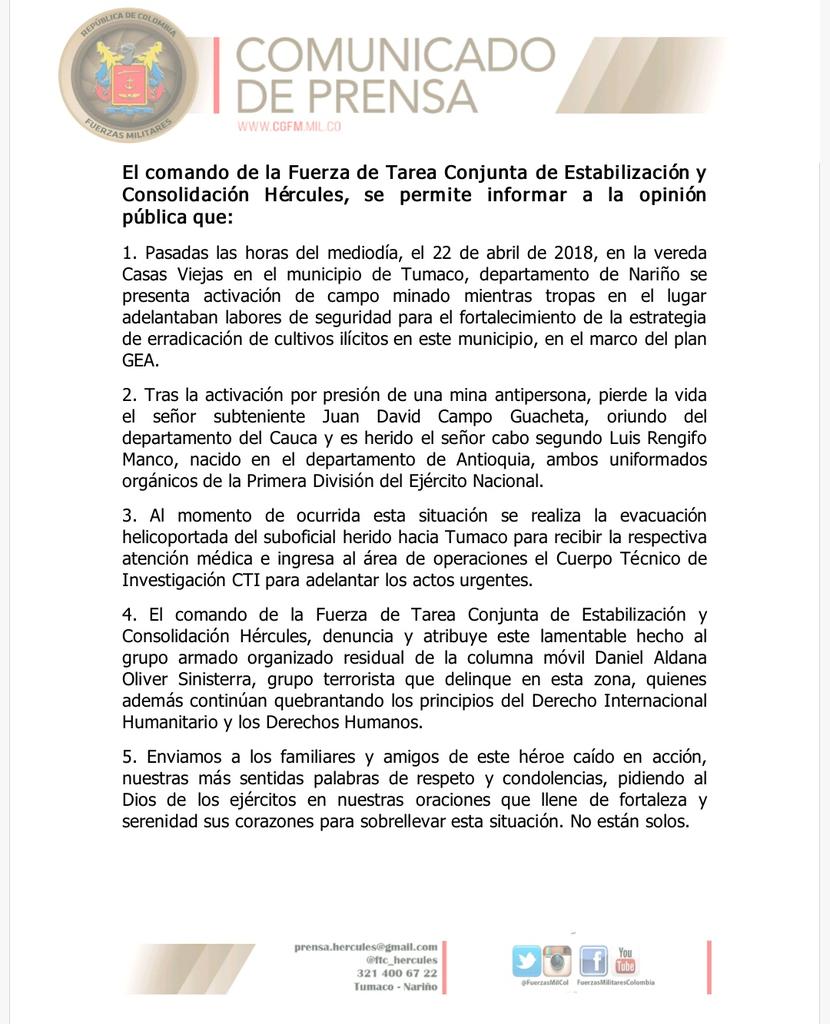 FuerzaFtc's tweet photo. El comando de la Fuerza de Tarea Conjunta Hércules en #Tumaco Nariño, se permite informar a la opinión pública sobre los hechos ocurridos en este municipio el día de hoy, 22 de abril del 2018: https://t.co/1iuLVBLy3G