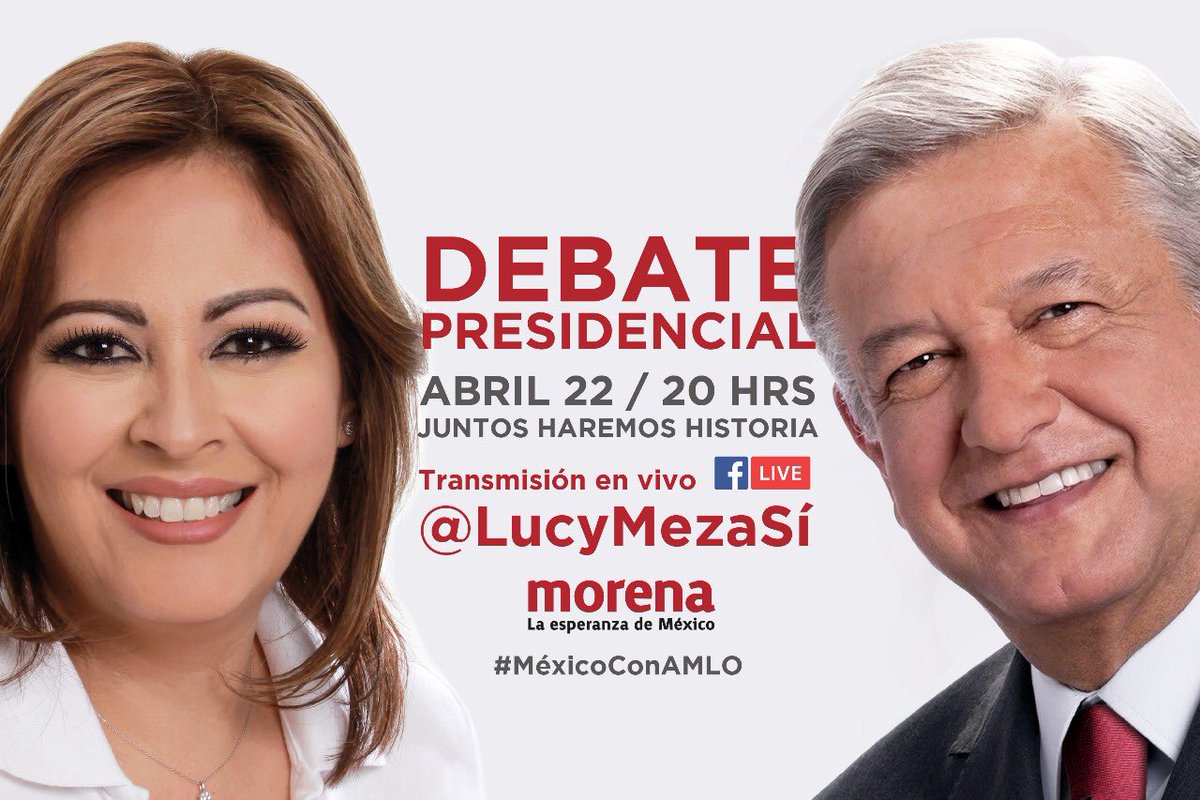 LucyMezaGzm's tweet photo. . @lopezobrador_ presentará nuestro proyecto de nación, acompáñenme a la transmisión en vivo del debate de candidatos a la presidencia de #México a través de #FacebookLive, hoy a las 20:00 hrs. 

#MéxicoConAMLO #JuntosHaremosHistoria #Morelos https://t.co/XpksGIAlUM