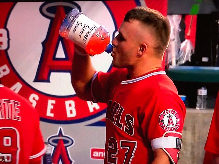 RealKentMurphy's tweet image. Mike Trout hits a dinger, then walks back in the dugout and drank from a bottle that said "Michael's Secret Stuff". This dude is the 🐐🐐