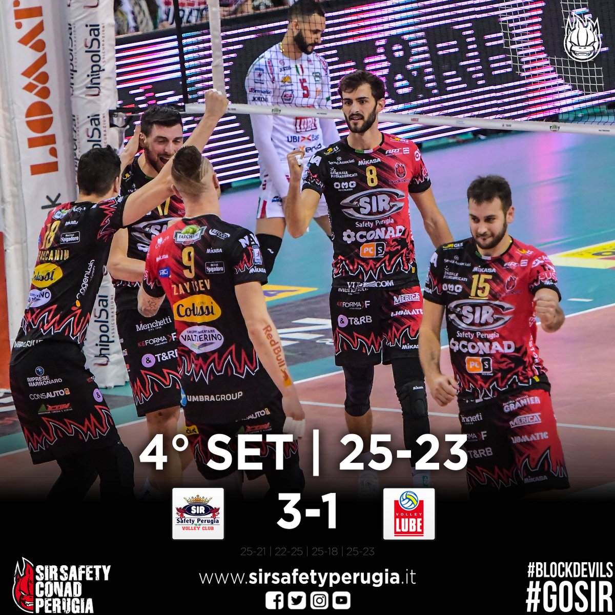 SIRVolleyPG's tweet image. Vittoria! #Gara1 delle finali scudetto è nostra! Si chiude 25-23 il 4° parziale e Perugia si porta avanti nella serie! #4SET #PerugiaCivitanova #ChePlayoff #Superlega #GoSir #BlockDevils #RCD #ORAèADESSO