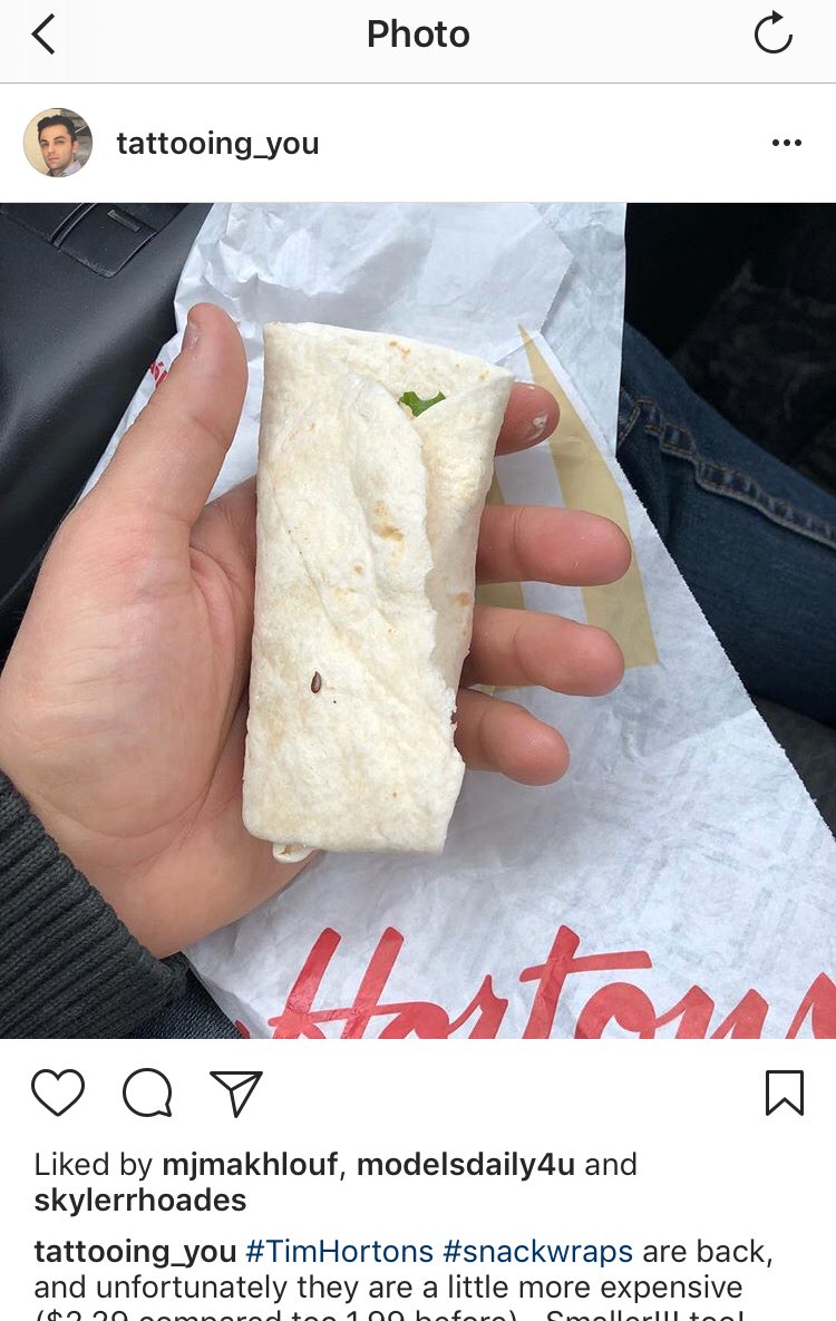 Sam_Maxx's tweet photo. @TimHortons Have you seen the return of the #snackwraps! I have to say they are small, a tad more expensive $2.29 vs $1.99, and a little more #disappointing Make then %30 bigger! https://t.co/hIIfVEhfqg