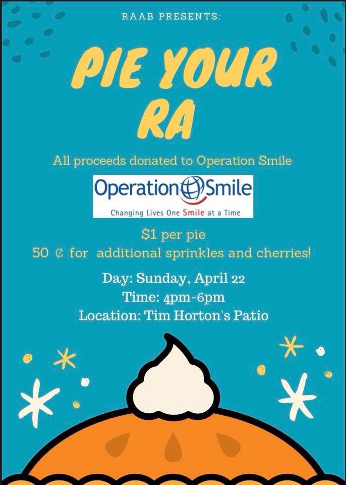 FredResLife's tweet image. 🥧TODAY AT 4 pm🥧 Ever wanted to get “even” with your RA? Well...Come Pie Your RA for a great cause!! All pies cost $1 and the proceeds go to Operation Smile! #fredreslife #fredpieyourra