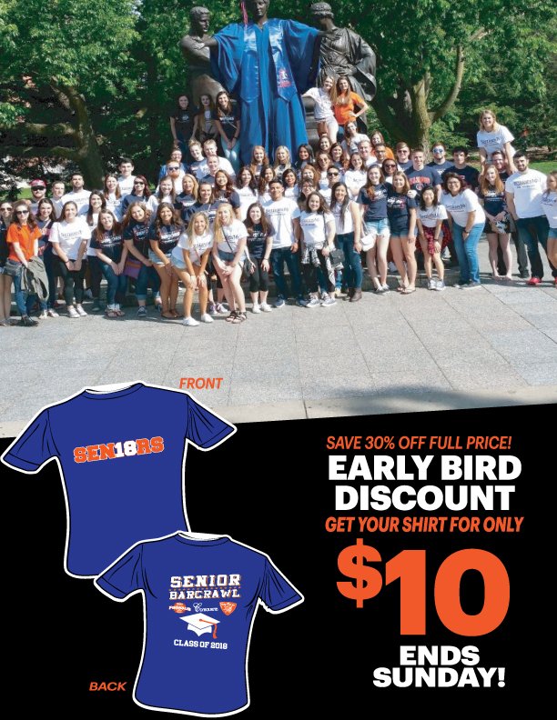 Senior Bar Crawl 2018 on May 10th
Seniors! Save over 30% off full price and get the Senior Bar Crawl Shirt for only $10! This discount ends Today!
Buy Here: SeniorBarCrawl.com