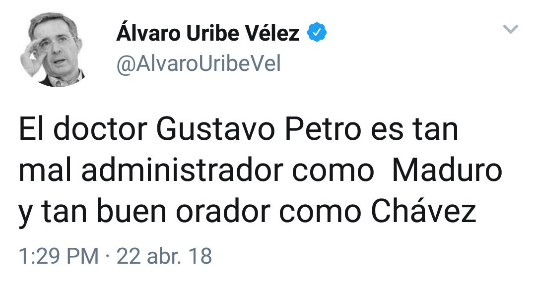 petrogustavo's tweet photo. Si quiere dirigirse a mi empiece por desbloquearme .@AlvaroUribeVel y empiece por explicarme porque fue asesinado el testigo que declaraba contra usted y el jefe de debate del candidato Duque.

https://t.co/VdQuhs94RE